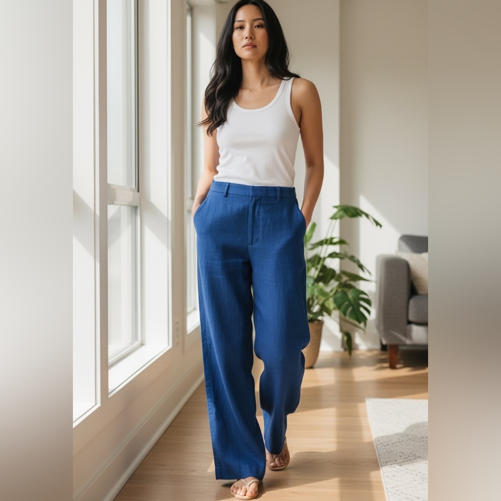 True Royal Linen Trousers Navy Blue Size 6 Straight Leg Linen Pants